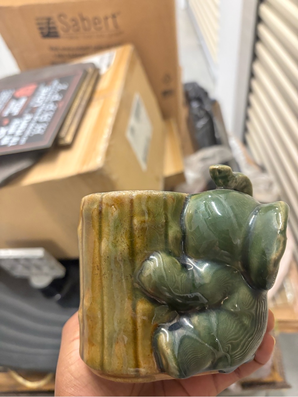 Green Glazed Ceramic Koala on Tree Trunk Decorative Sculpture